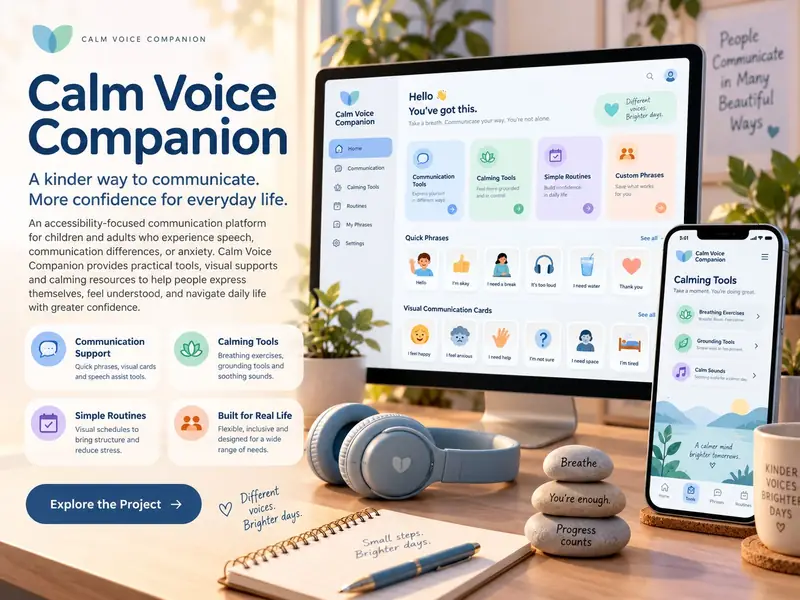 Calm Voice Companion on a tablet with simple communication buttons and calming tools