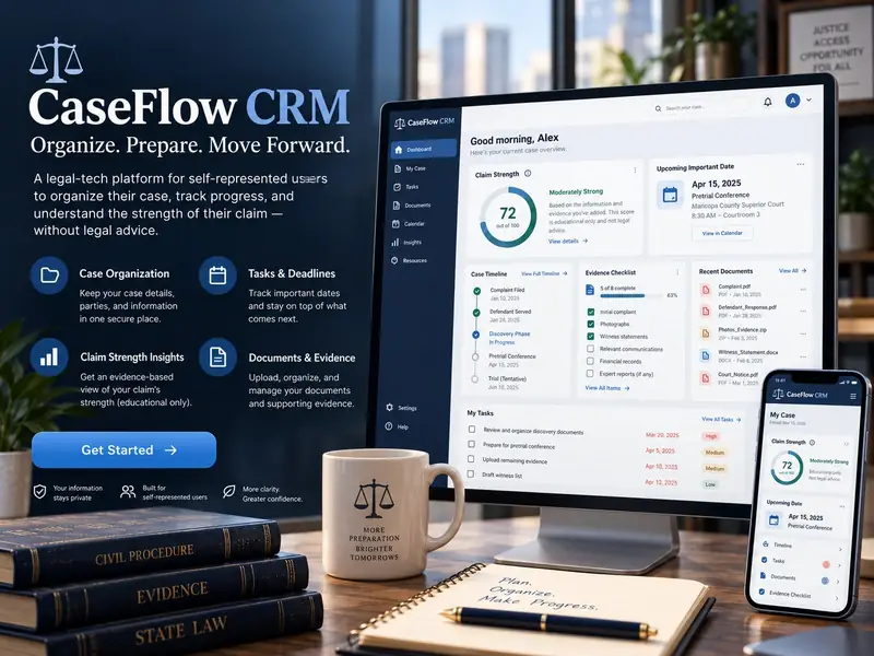 CaseFlow CRM dashboard with a case timeline, evidence checklist and document organization