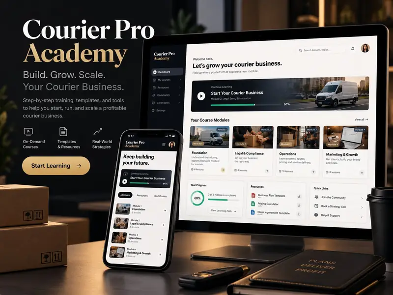 Courier Pro Academy learning dashboard on a laptop with course modules and progress tracking