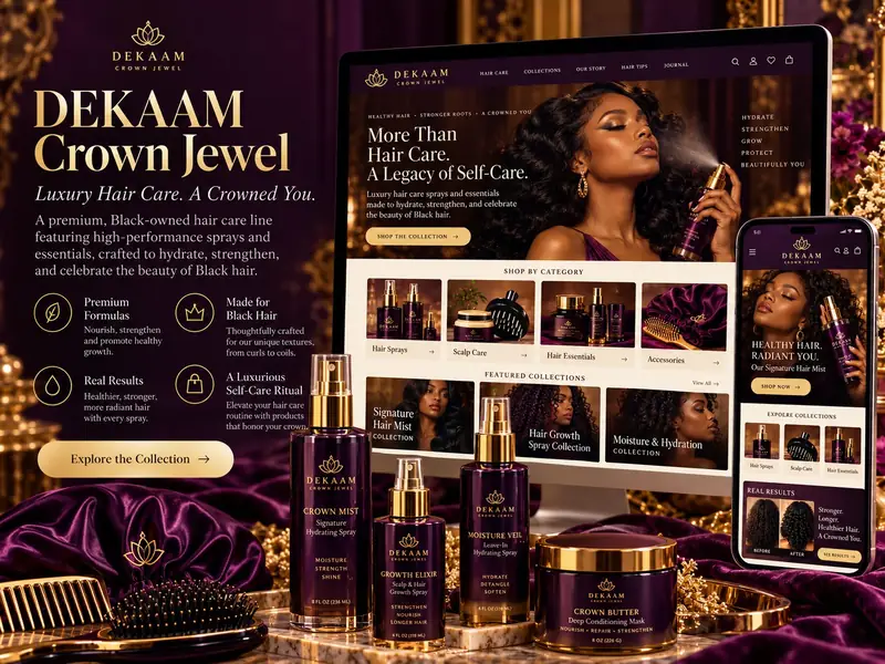 DEKAAM Crown Jewel hair care website on desktop and phone, featuring Black women with textured hair and the brand’s hair care sprays