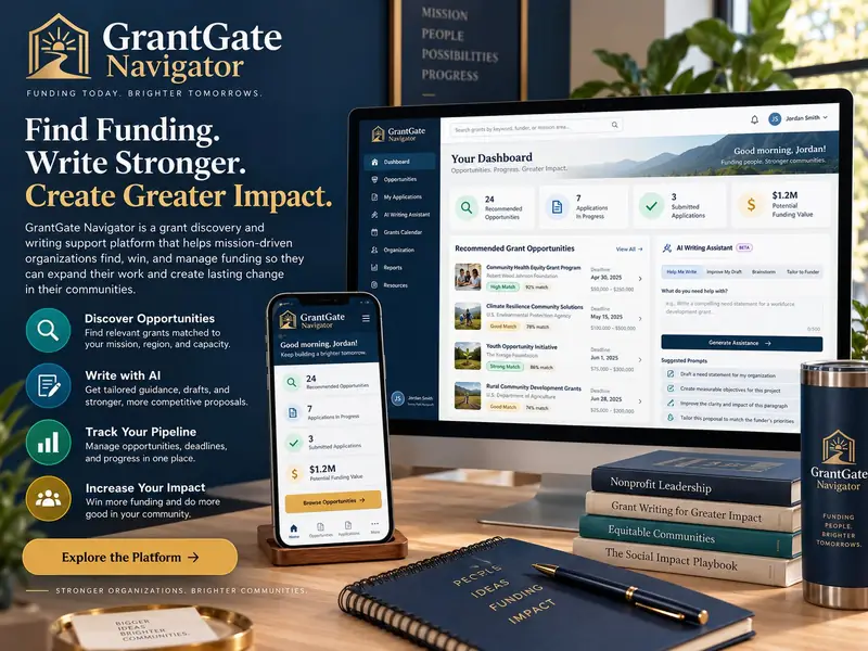 GrantGate Navigator dashboard with funding opportunities, deadlines, match scores and a writing assistant panel