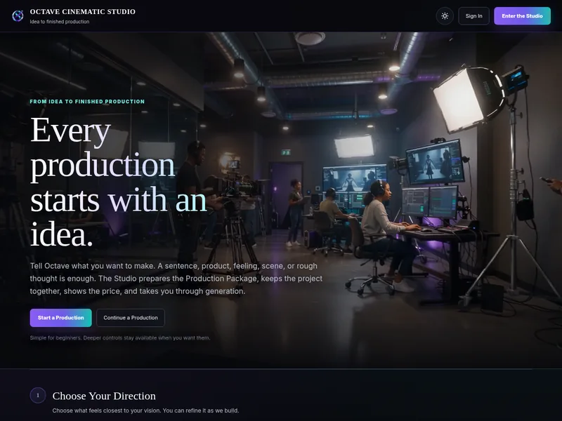 Octave Cinematic Studio homepage with the headline Every production starts with an idea over a dark film studio scene with cameras, lights and editing monitors