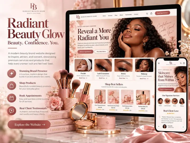 Radiant Beauty Glow website on desktop and phone featuring Black women and beauty products