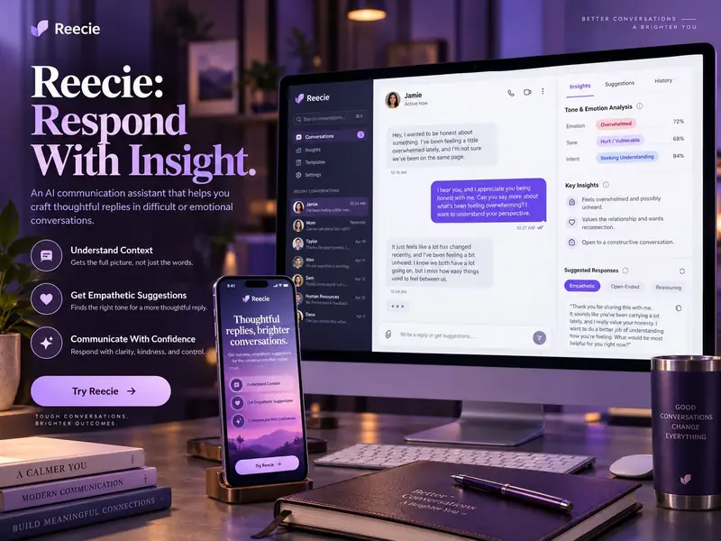 Reecie app shown on a desktop monitor and phone, with a conversation on one side and tone and emotion insights on the other