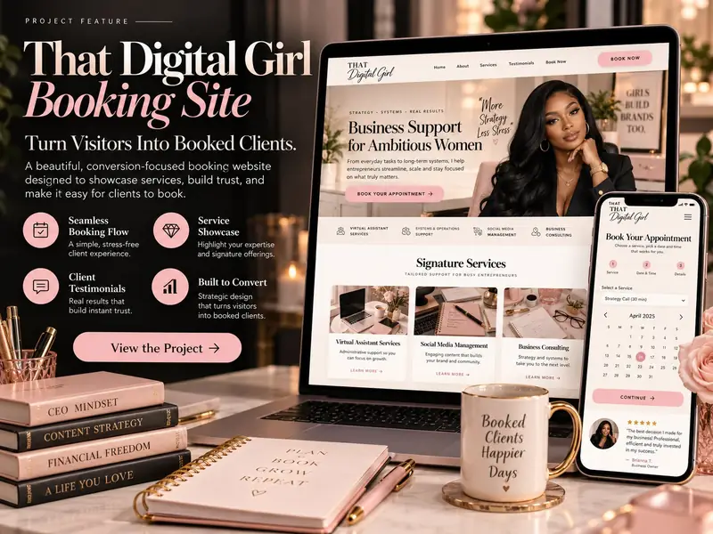That Digital Girl booking website on a phone and laptop with service cards and an appointment calendar